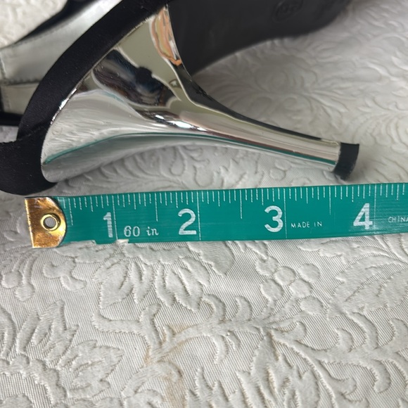 Fioni Elegant Black Satin Heels with Bow Accent/Silver Heels, Size 9 - Picture 10 of 14